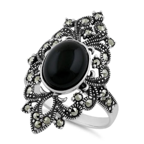 925 STERLING SILVER Black Onyx Marcasite Ring - Picture 12 of 15